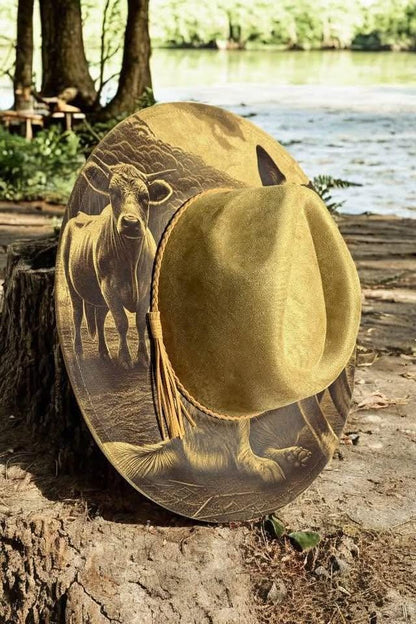 The Drovers Mate – Laser Engraved Cattle Dog Brim Hat, Wide Brim Hat, Vegan Suede Fedora Hat, Laser Engraved, Cowboy Hat, Burned Fedora