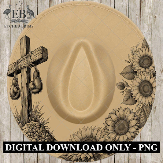 Cross & Sunflowers Hat Burning Design, Laser or Hand Engraving Wide Brim Fedora, PNG PDF, EB691