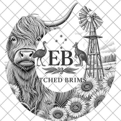 Highland Cow & Windmill Hat Design 6, Rustic Farmhouse Sunflower Brim Template, Western Laser Engraving Digital Download Hat File, EB374