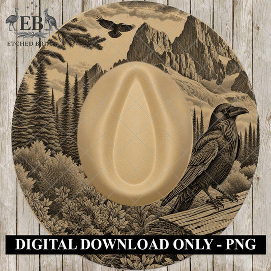 Crow Raven Mountain Wildnerness Hat Burning Design, Digital Download PNG, Hat Burning Template, Hat Laser Engraving Design, Hat File, EB899