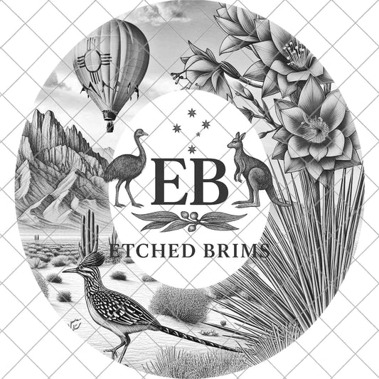 New Mexico Hat Burning Design, Roadrunner Yucca Plant Hot Air Balloon and Zia Symbol, Wide Brim Laser Hat Template, EB971