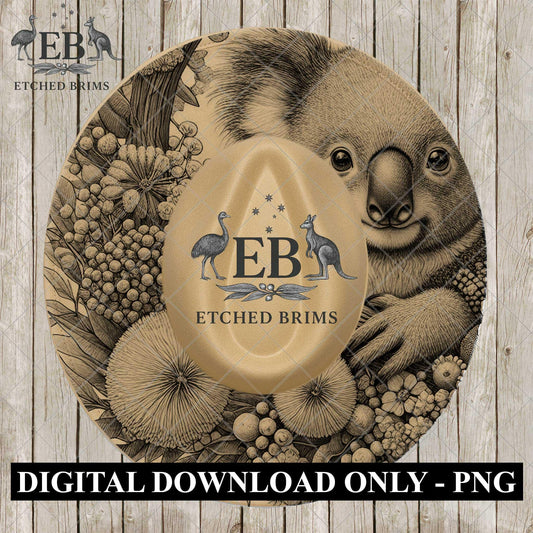 Koala Hat Brim Template | Australian Native Flower Hat Engraving File | Western Cowboy Hat Laser Burn Design | Wide Brim Pattern, EB1185