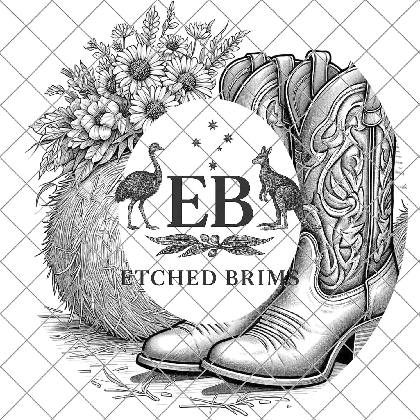 Cowgirl Boots & Sunflowers 6 Hat Burning Design, Western Brim PNG PDF Template, Digital Laser Design, Wide Brim Faux Suede Hat, EB630