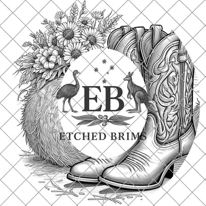 Cowgirl Boots & Sunflowers 6 Hat Burning Design, Western Brim PNG PDF Template, Digital Laser Design, Wide Brim Faux Suede Hat, EB630