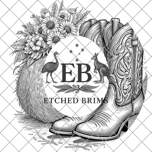 Cowgirl Boots & Sunflowers 6 Hat Burning Design, Western Brim PNG PDF Template, Digital Laser Design, Wide Brim Faux Suede Hat, EB630