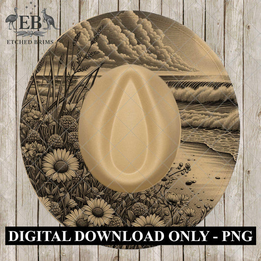 Floral Coast Hat Engraving File | Ocean Laser Burning Template | Nature Inspired Hat Design, EB1080