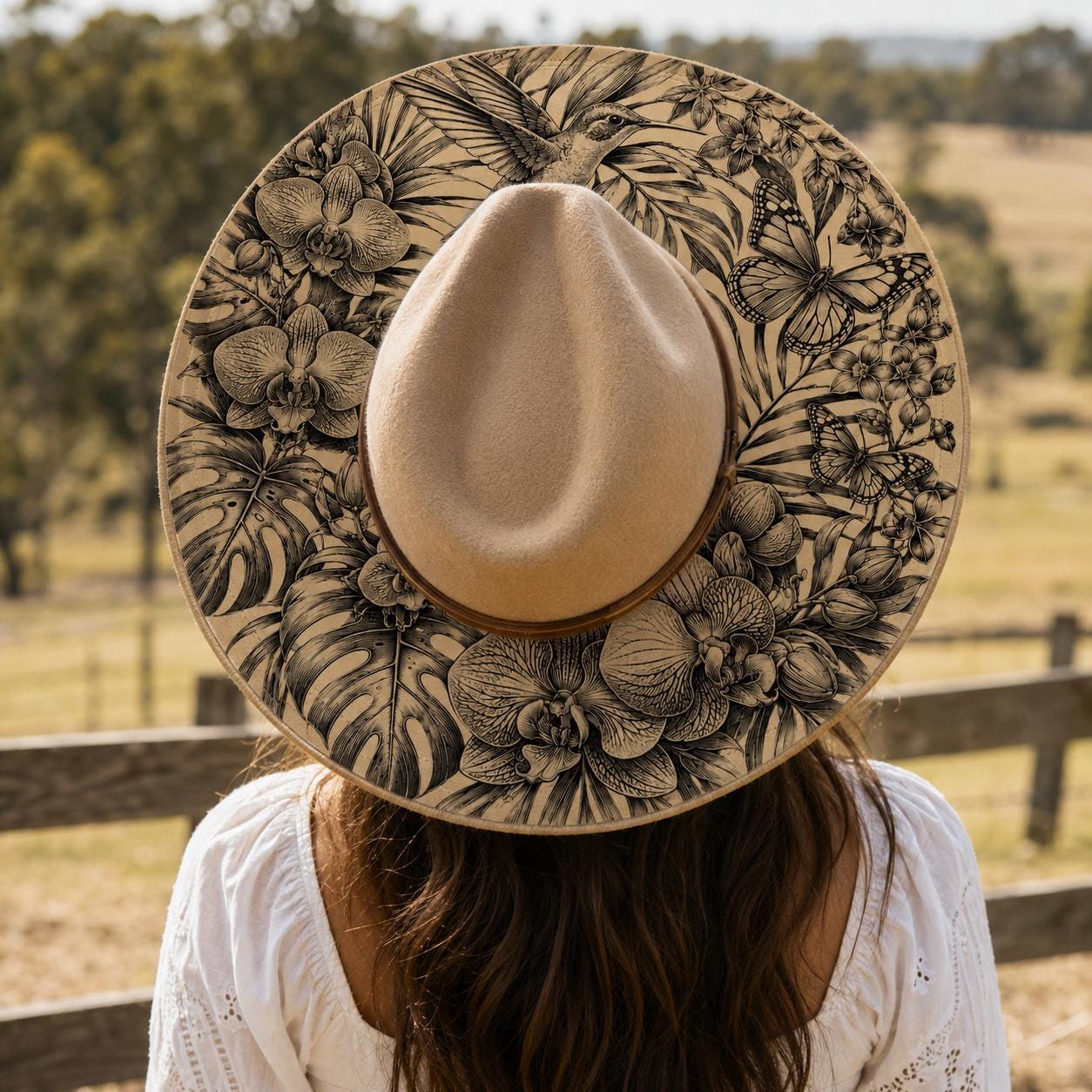 Hummingbird Monstera Orchids, Hat Burning Design, Butterflies and Flowers Hat Burning Template, Hat Laser Engraving Design, Hat File EB1279