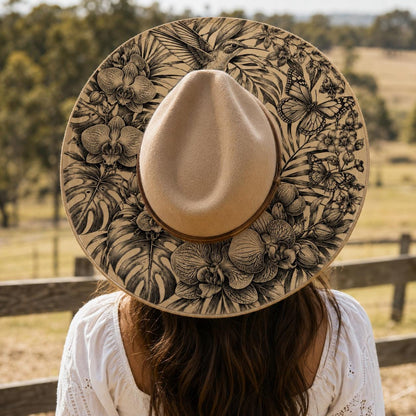 Hummingbird Monstera Orchids, Hat Burning Design, Butterflies and Flowers Hat Burning Template, Hat Laser Engraving Design, Hat File EB1279