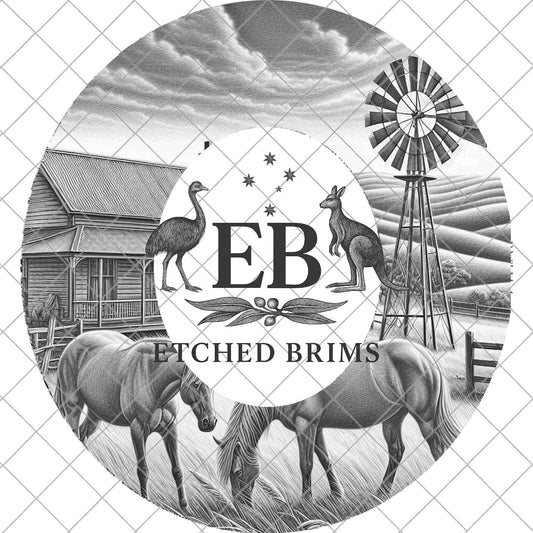 Hat Burning Design, Windmill and Horses, Outback Homestead, Laser Engraving Template for Cowboy Hat, Rustic Western Country Farm, EB1038