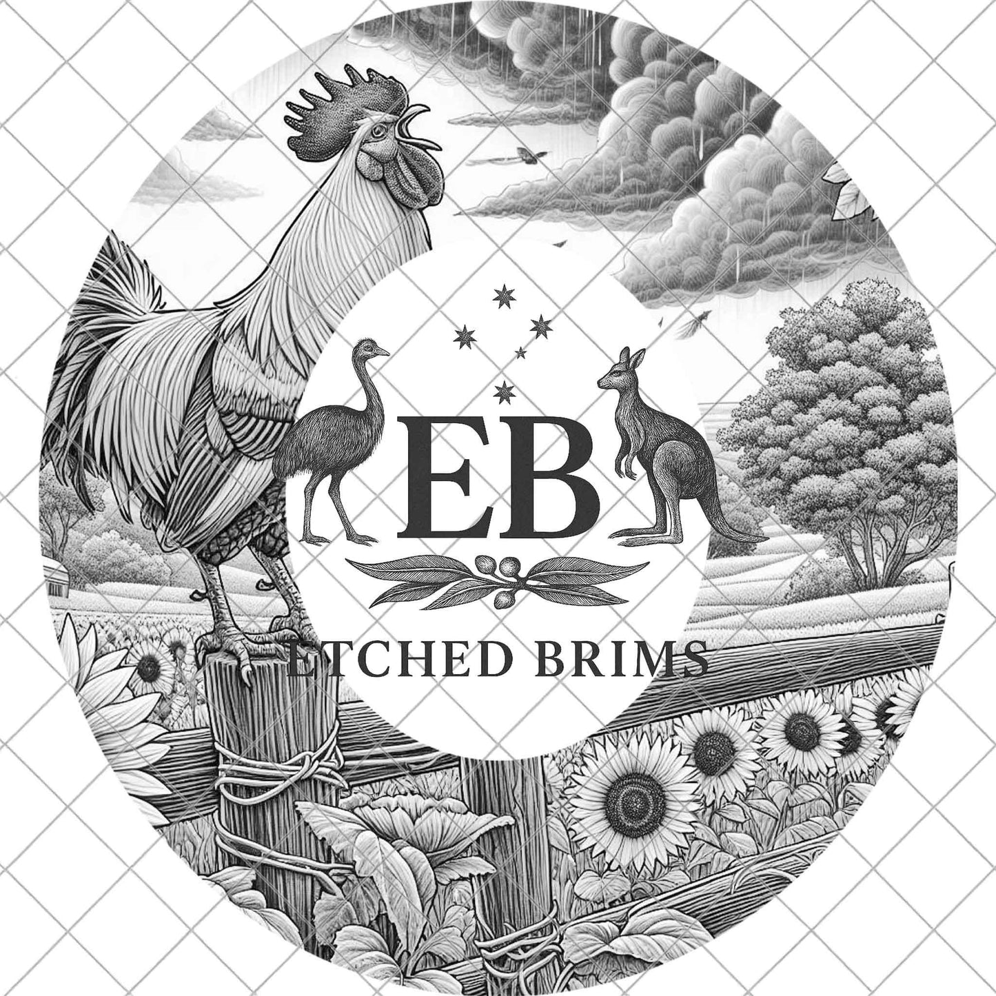 Crowing Farm Rooster & Sunflowers, Hat Burning Design, Wide Brim Hat Design, Digital Download PNG, PDF, Hat Burning Template, EB874