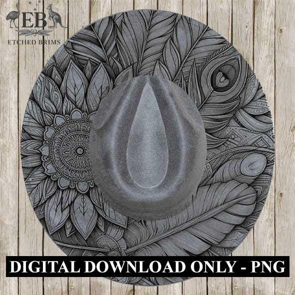 Feathers & Mandalas, Laser Hat Burning Design, Digital Download PNG, Hat Burning Template, Hat Laser Engraving Design, Wide Brim Hat EB13
