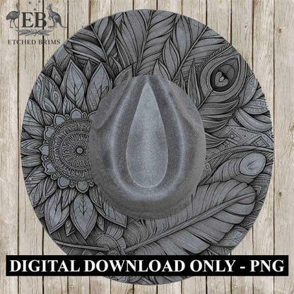 Feathers & Mandalas, Laser Hat Burning Design, Digital Download PNG, Hat Burning Template, Hat Laser Engraving Design, Wide Brim Hat EB13