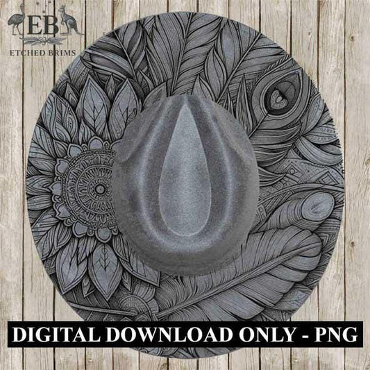 Feathers & Mandalas, Laser Hat Burning Design, Digital Download PNG, Hat Burning Template, Hat Laser Engraving Design, Wide Brim Hat EB13