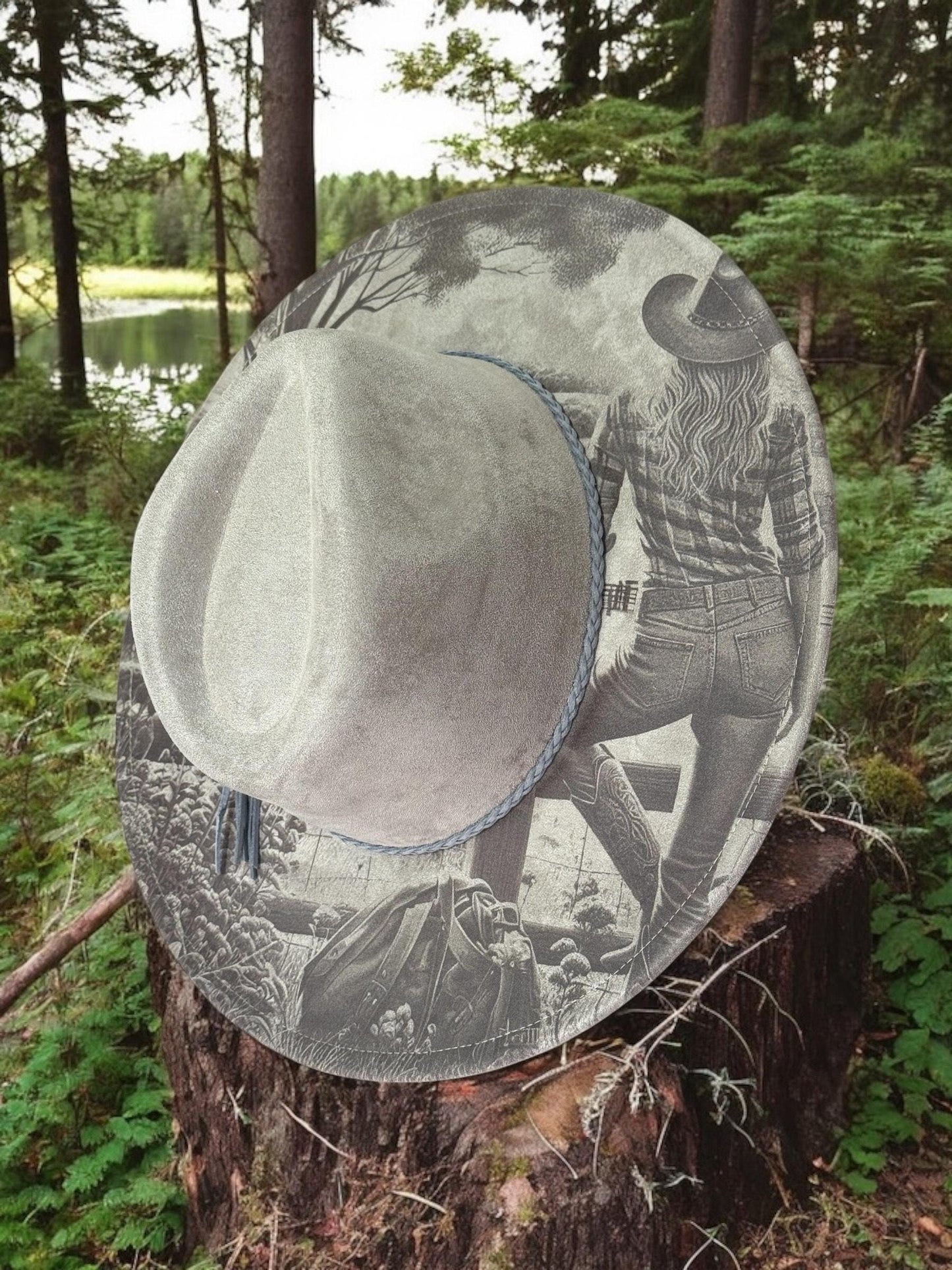 Wanderers View - Laser Engraved Cow Girl Hat with Horse Scene, Wide Brim Hat, Vegan Suede Fedora Hat, Laser Engraved, Burned Fedora