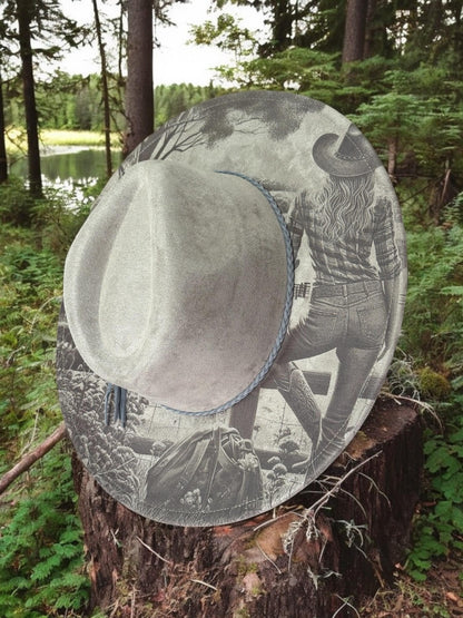 Wanderers View - Laser Engraved Cow Girl Hat with Horse Scene, Wide Brim Hat, Vegan Suede Fedora Hat, Laser Engraved, Burned Fedora