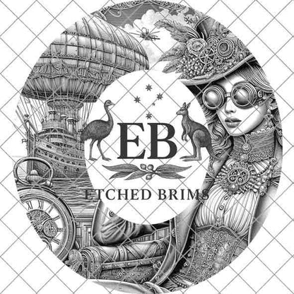 Steampunk 10 Hat Engraving Template, Digital Download Fedora Brim Design with Airship & Steampunk Lady, Laser Hat Design, Hat File EB363