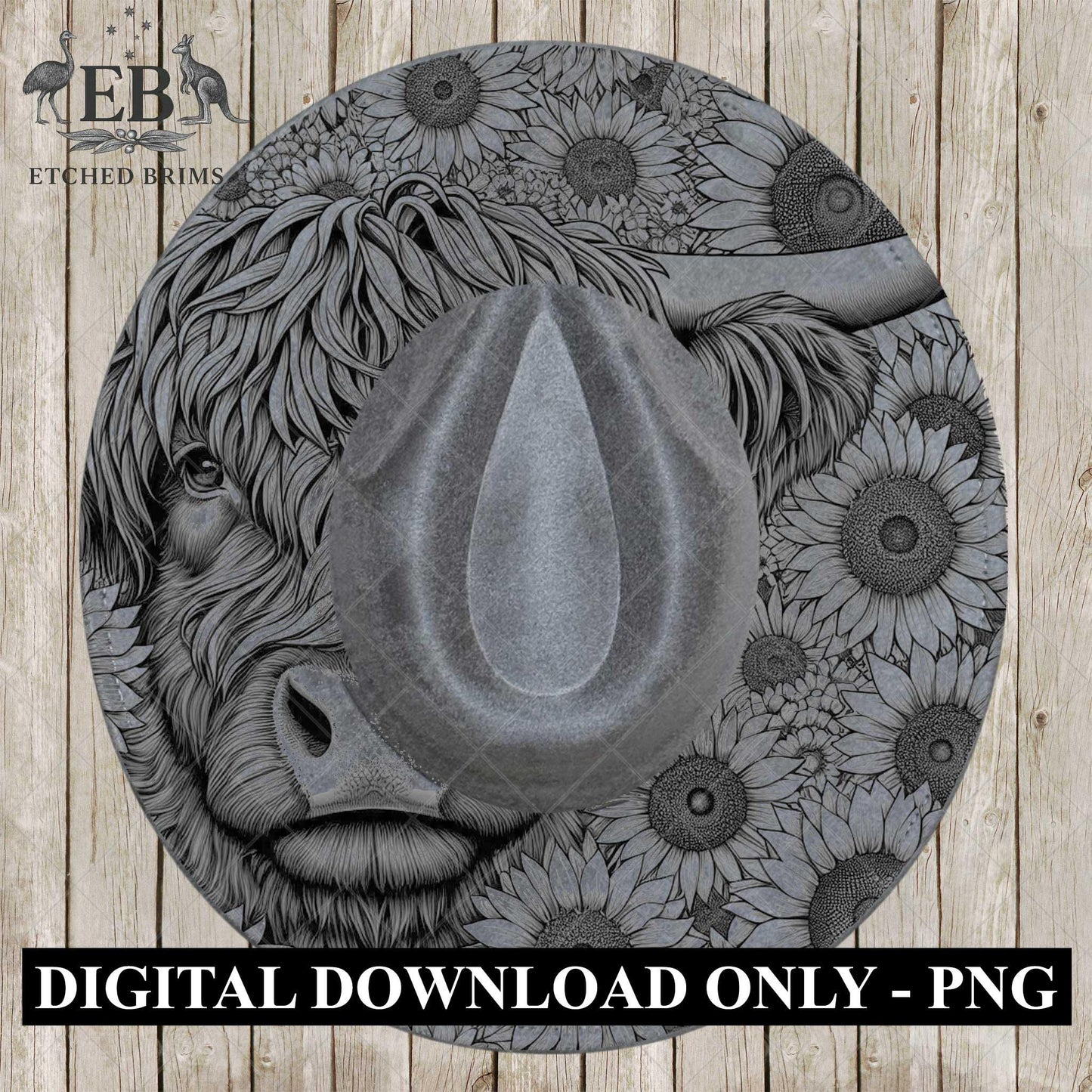 Highland Cow and Sunflowers 2, Hat Burning Design, Digital Download PDF & PDF for Hand Burning, Wide Brim Hat, Printable Hat Template, EB608