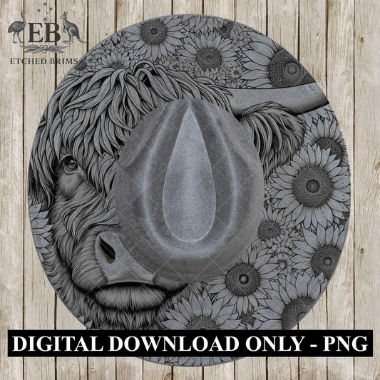 Highland Cow and Sunflowers 2, Hat Burning Design, Digital Download PDF & PDF for Hand Burning, Wide Brim Hat, Printable Hat Template, EB608