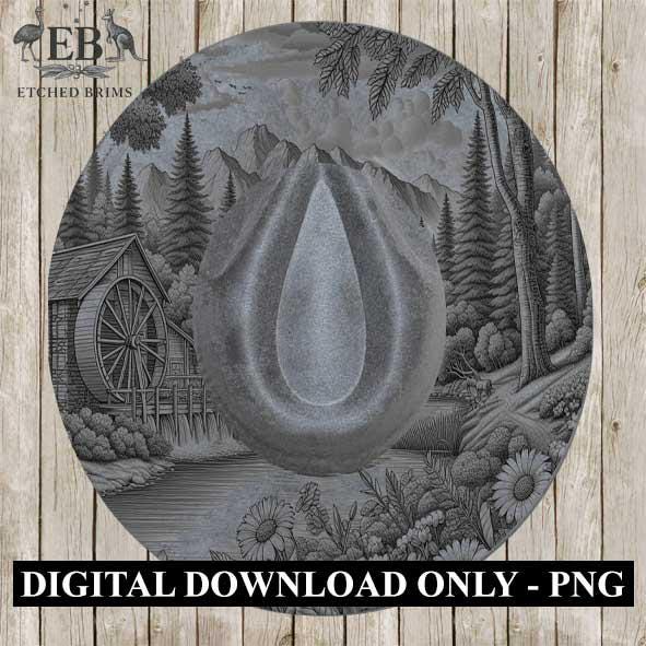 Waterwheel & Wildflowers Hat Burning Design 1, Rustic Laser Hat Burning, Digital Download, Hat Burning Template, Wide Brim Hat File, EB372