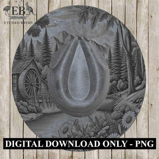 Waterwheel & Wildflowers Hat Burning Design 1, Rustic Laser Hat Burning, Digital Download, Hat Burning Template, Wide Brim Hat File, EB372