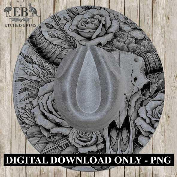 Longhorn Skull and Roses – Western Brim PNG Template – Digital Laser Burn Design for Wide Brim Faux Suede Hats - Laser Hat Burning File EB16