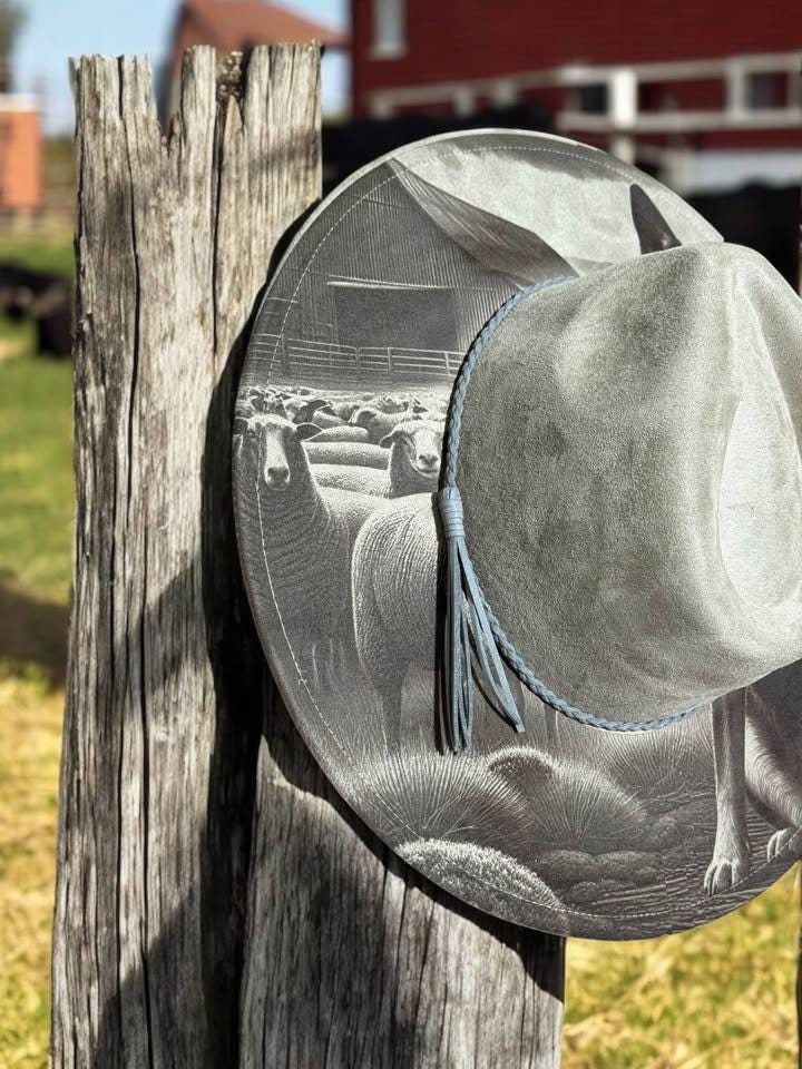 Sheepdog Spirit - Engraved Kelpie Wide Brim Hat, Vegan Suede Fedora Hat, Laser Engraved, Cowboy Hat, Burned Fedora, Kelpie Design