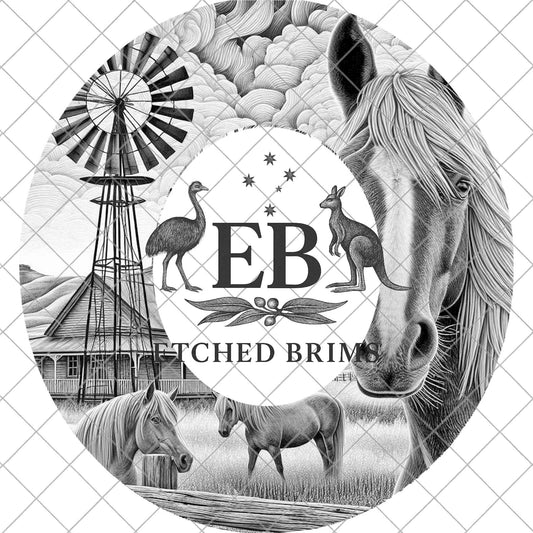 Windmill and Horses, Hat Burning Design, Outback Homestead, Rustic Western Country Farm, Laser Engraving Template for Wide Brim Hats, EB1041