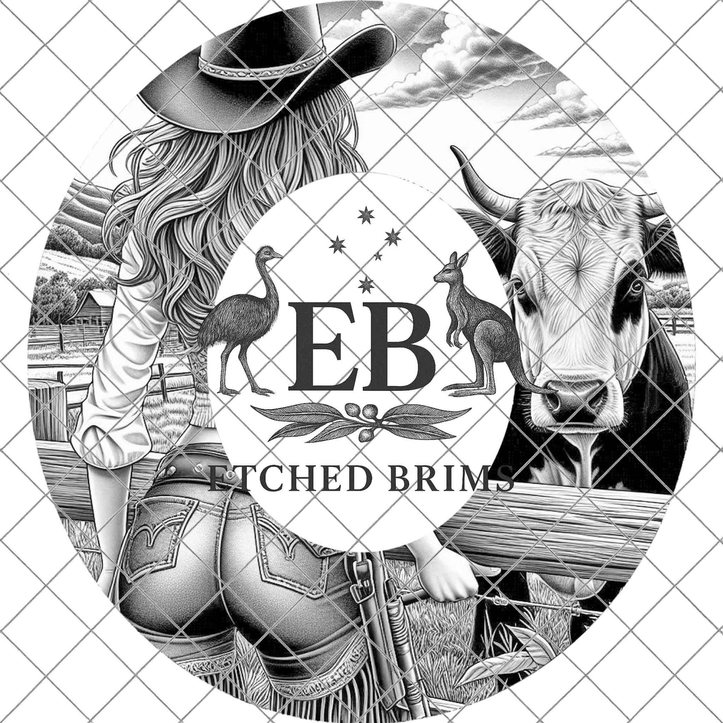 Cowgirl & Cow 13, Hat Burning Design, Wide Brim Hat Burning Template, Laser Hat Engraving Template, Printable Stencil, EB767