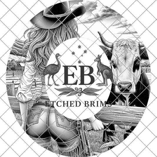 Cowgirl & Cow 13, Hat Burning Design, Wide Brim Hat Burning Template, Laser Hat Engraving Template, Printable Stencil, EB767