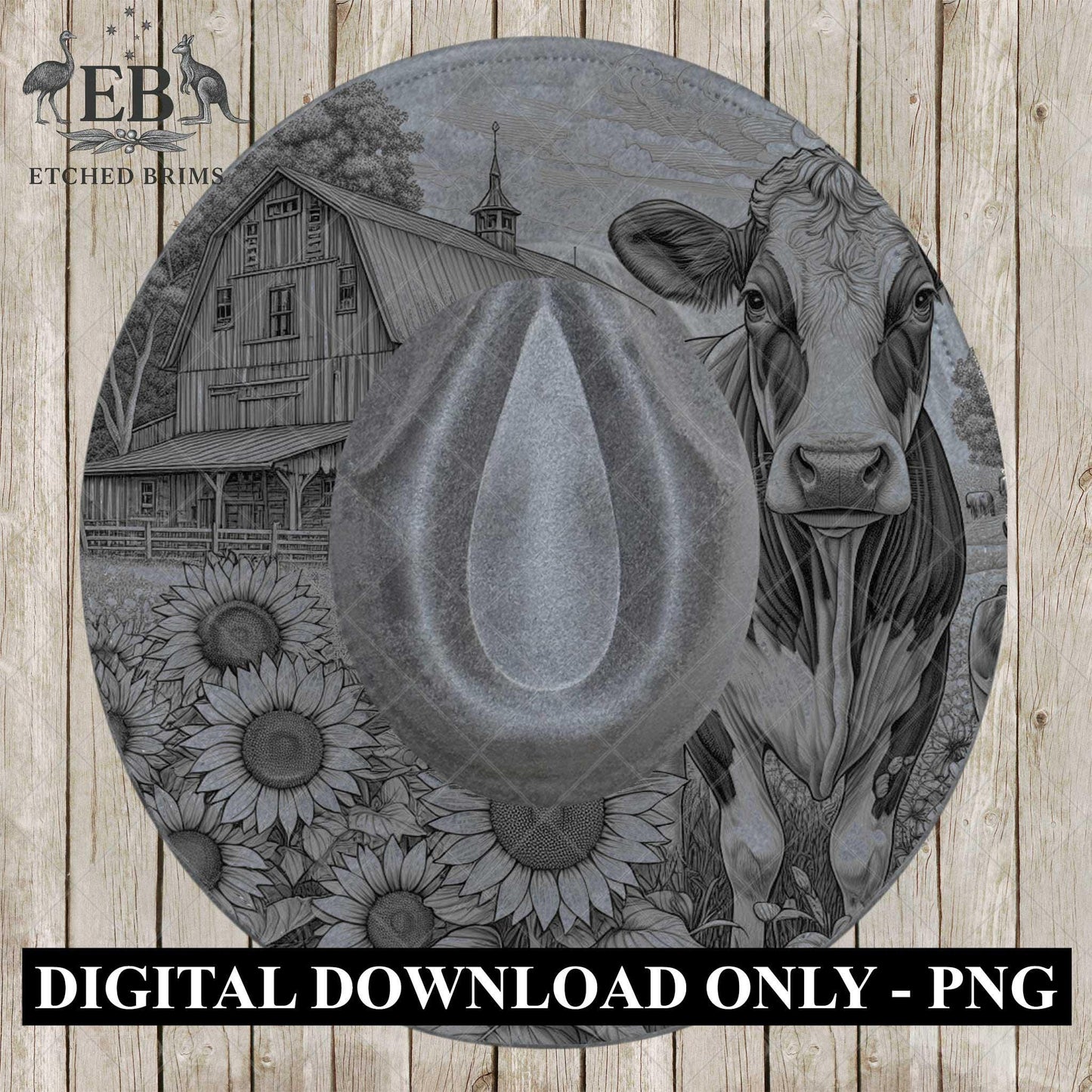 Farm Dairy Cow and Sunflowers 5, Hat Burning Design, Digital Download PDF & PDF Hand Burning, Wide Brim Hat, Printable Hat Template, EB609