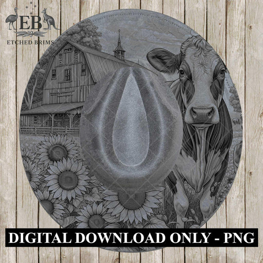 Farm Dairy Cow and Sunflowers 5, Hat Burning Design, Digital Download PDF & PDF Hand Burning, Wide Brim Hat, Printable Hat Template, EB609