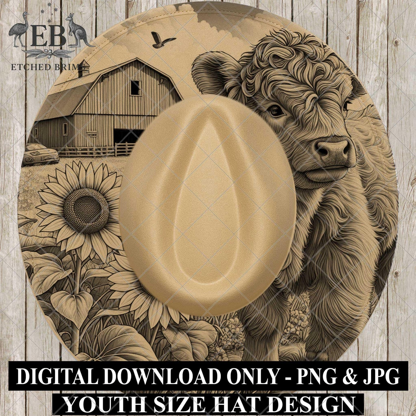 Youth Child Hat Burning Design, Highland Cow Farm, Hat Burning Template, Cowboy Hat, Laser Engraving, Wide Brim Hat Design EBY53