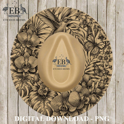 Hummingbird Monstera Orchids, Hat Burning Design, Butterflies and Flowers Hat Burning Template, Hat Laser Engraving Design, Hat File EB1279