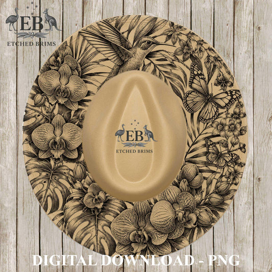 Hummingbird Monstera Orchids, Hat Burning Design, Butterflies and Flowers Hat Burning Template, Hat Laser Engraving Design, Hat File EB1279
