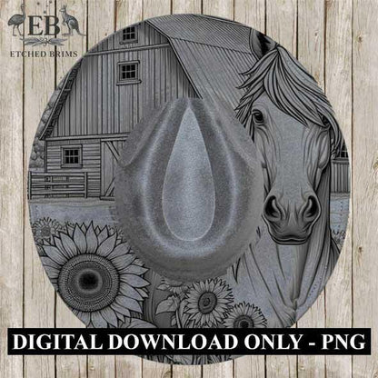 Horse & Sunflowers 11, Farm Horse Design, Laser Hat Burning Design, Digital Download PNG, Hat Burning Template, Wide Brim Hat File, EB181