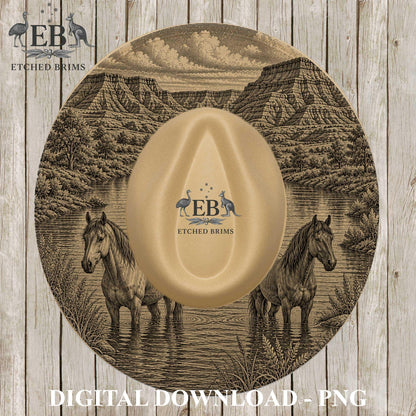 Wild Horses River Scene, Hat Burning Design, Laser Hat Engraving, Digital Download PNG, Wide Brim Hat File, EB1257