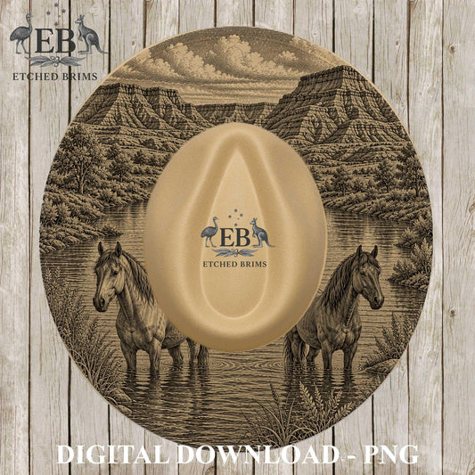 Wild Horses River Scene, Hat Burning Design, Laser Hat Engraving, Digital Download PNG, Wide Brim Hat File, EB1257