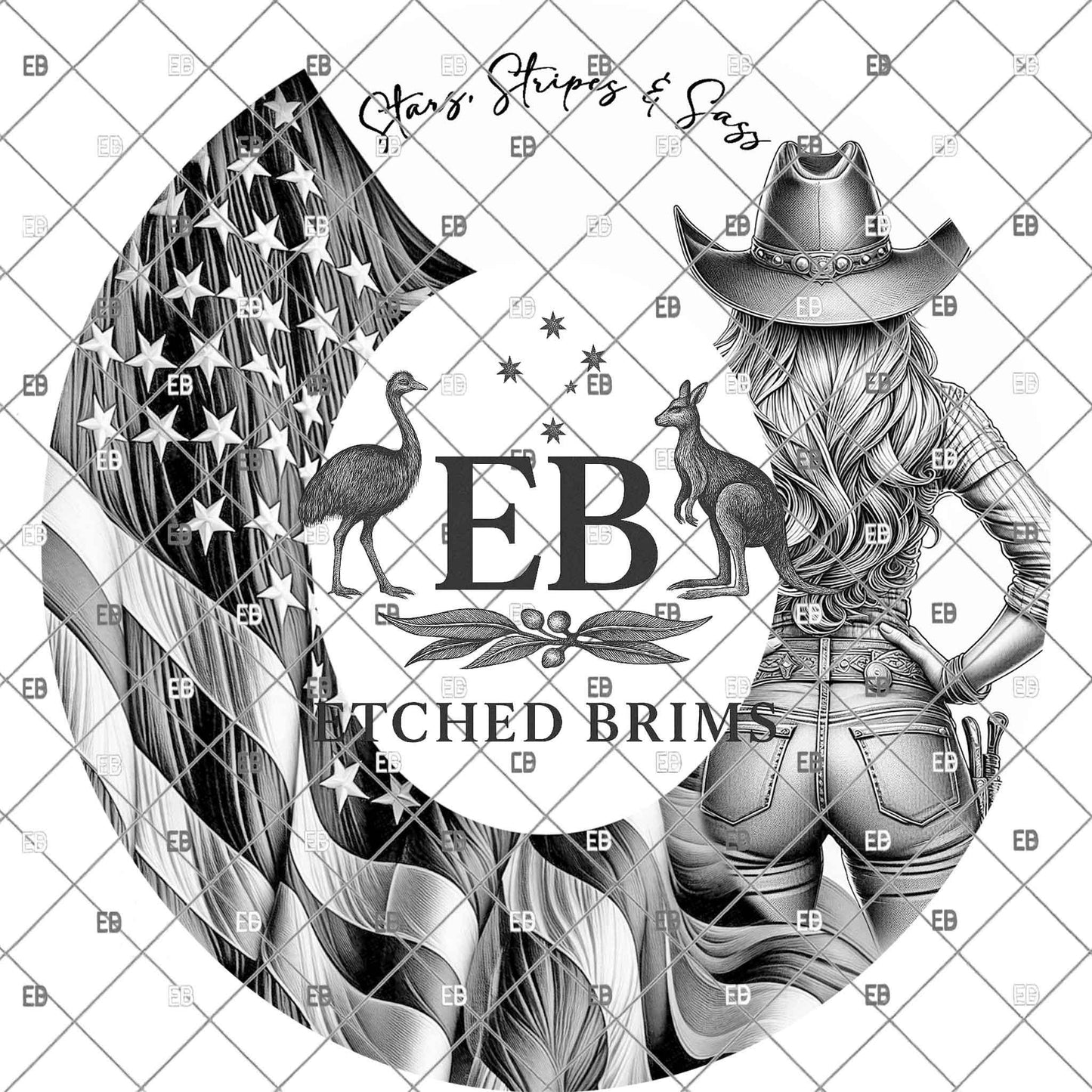 American Flag and Woman, Hat Burning Design, Cowgirl Hand Burning Stencil, PDF & PNG, Template, Laser Engraving File, EB1149
