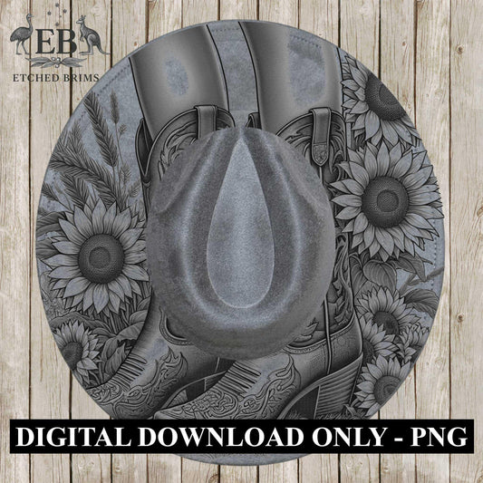Cowgirl Boots & Sunflowers 8 Hat Burning Design, Western Brim PNG PDF Template, Digital Laser Design, Wide Brim Faux Suede Hat, EB629