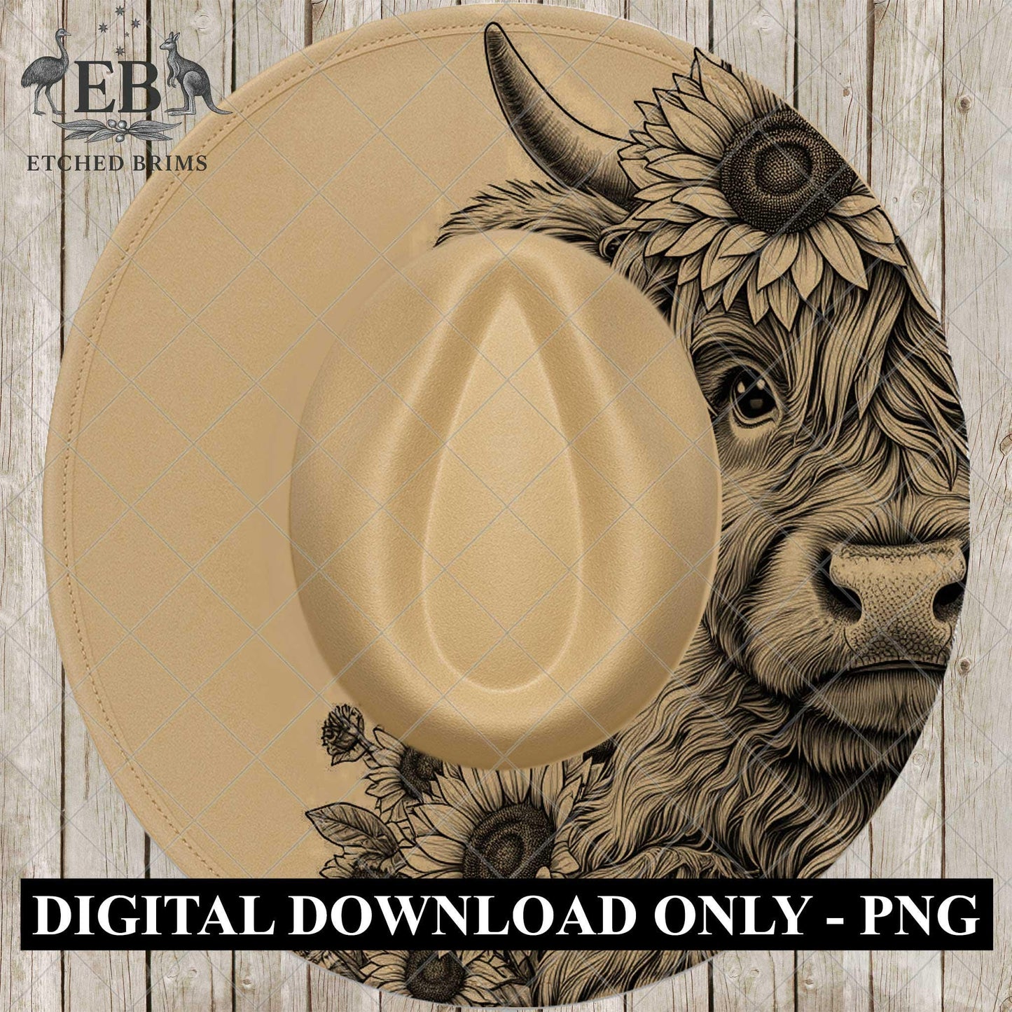 Hat Engraving Design: Highland Cow and Sunflowers - Wide Brim, EB857