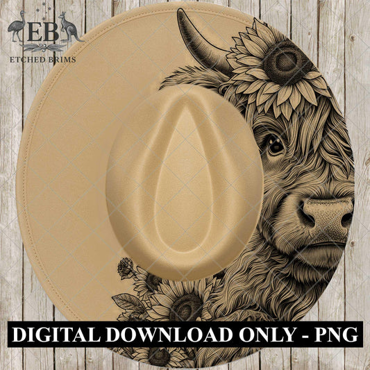 Hat Engraving Design: Highland Cow and Sunflowers - Wide Brim, EB857