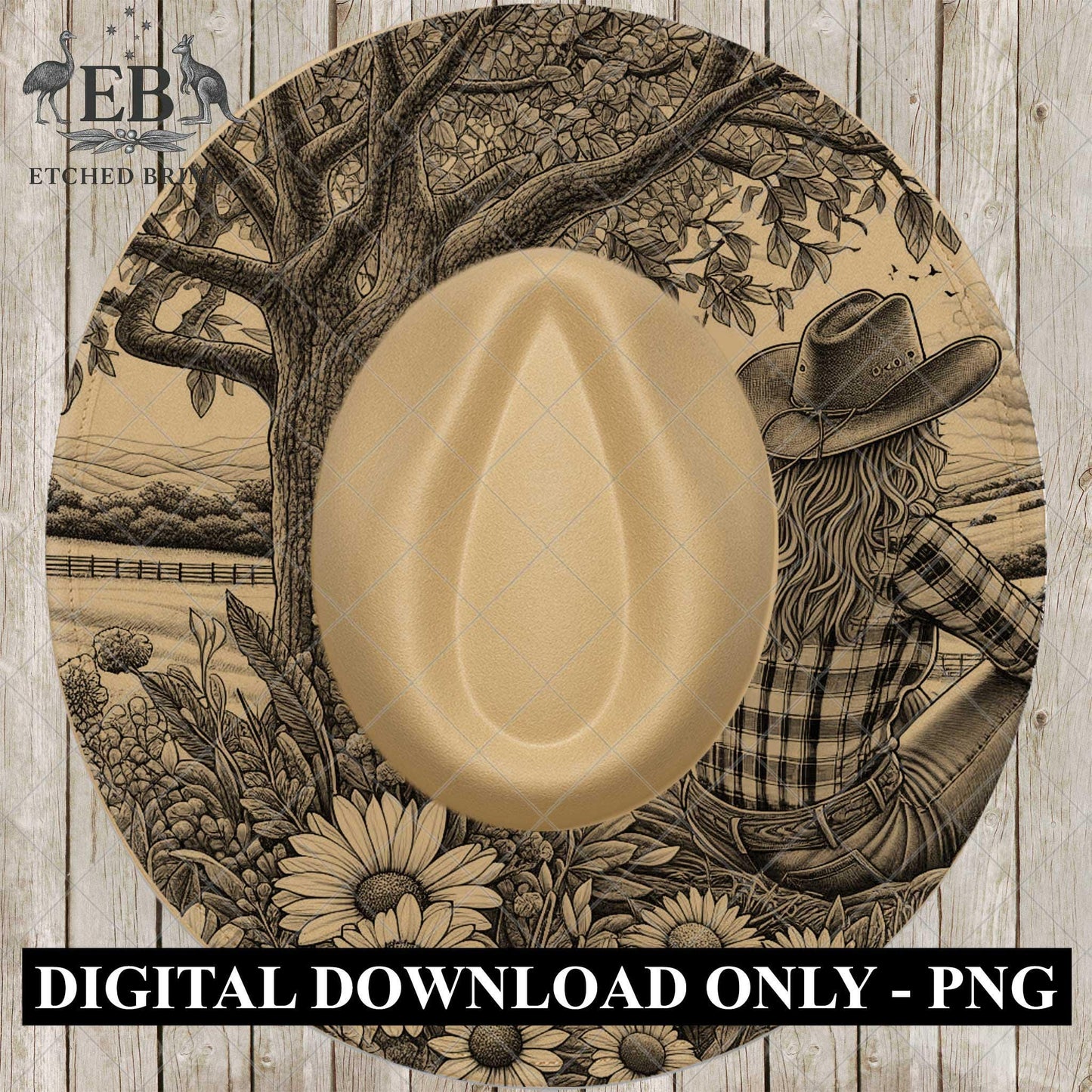 Cowgirl & Wildflowers, Hat Burning Design, Digital Download PNG, Hat Burning Template, Hat Laser Engraving Design, Printable Stencil, EB757