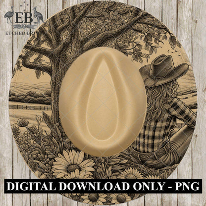 Cowgirl & Wildflowers, Hat Burning Design, Digital Download PNG, Hat Burning Template, Hat Laser Engraving Design, Printable Stencil, EB757