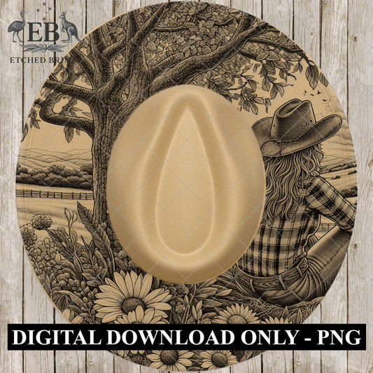 Cowgirl & Wildflowers, Hat Burning Design, Digital Download PNG, Hat Burning Template, Hat Laser Engraving Design, Printable Stencil, EB757