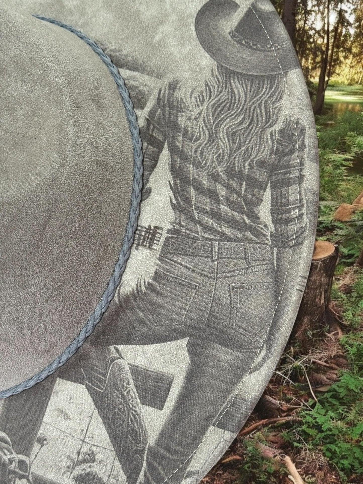 Wanderers View - Laser Engraved Cow Girl Hat with Horse Scene, Wide Brim Hat, Vegan Suede Fedora Hat, Laser Engraved, Burned Fedora