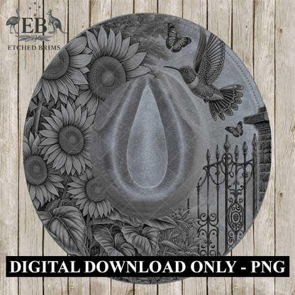 Sunflowers, Butterflies and Hummingbird 1 Hat Burning Template for Laser Engraving and Hand Burning, PNG and 4 page PDF included, EB581