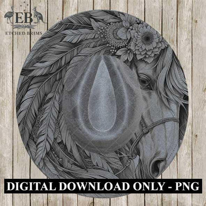 Indian Horse & Feathers 19 Hat Burning Template for Wide Brim Hats. PNG for Laser Engraving and PDF Burning Stencil for Hand Burning, EB555