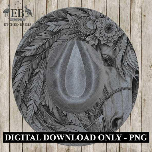 Indian Horse & Feathers 19 Hat Burning Template for Wide Brim Hats. PNG for Laser Engraving and PDF Burning Stencil for Hand Burning, EB555