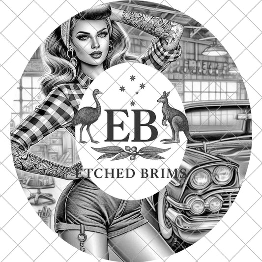 Hat Engraving Template, Rockabilly Garage Girl, Wide Brim Laser Design, EB912