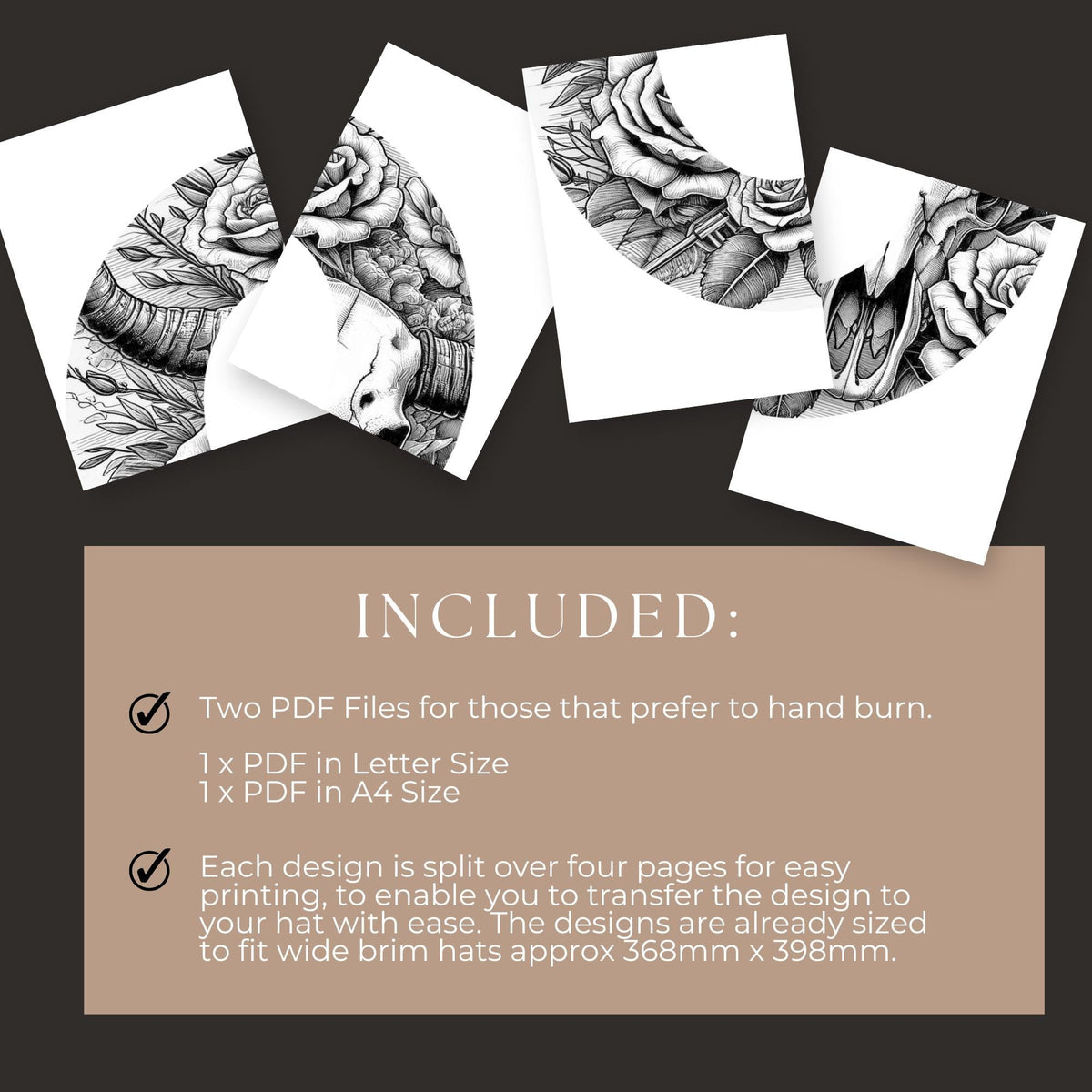 a list of included items, including two PDF files for hand-burned designs, one in Letter Size and one in A4 Size, and each design is split into four pages for easy printing.